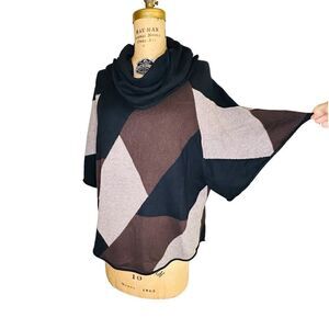 Style & Co Petite Geometric Black and Brown Cowl neck Poncho Sweater Small